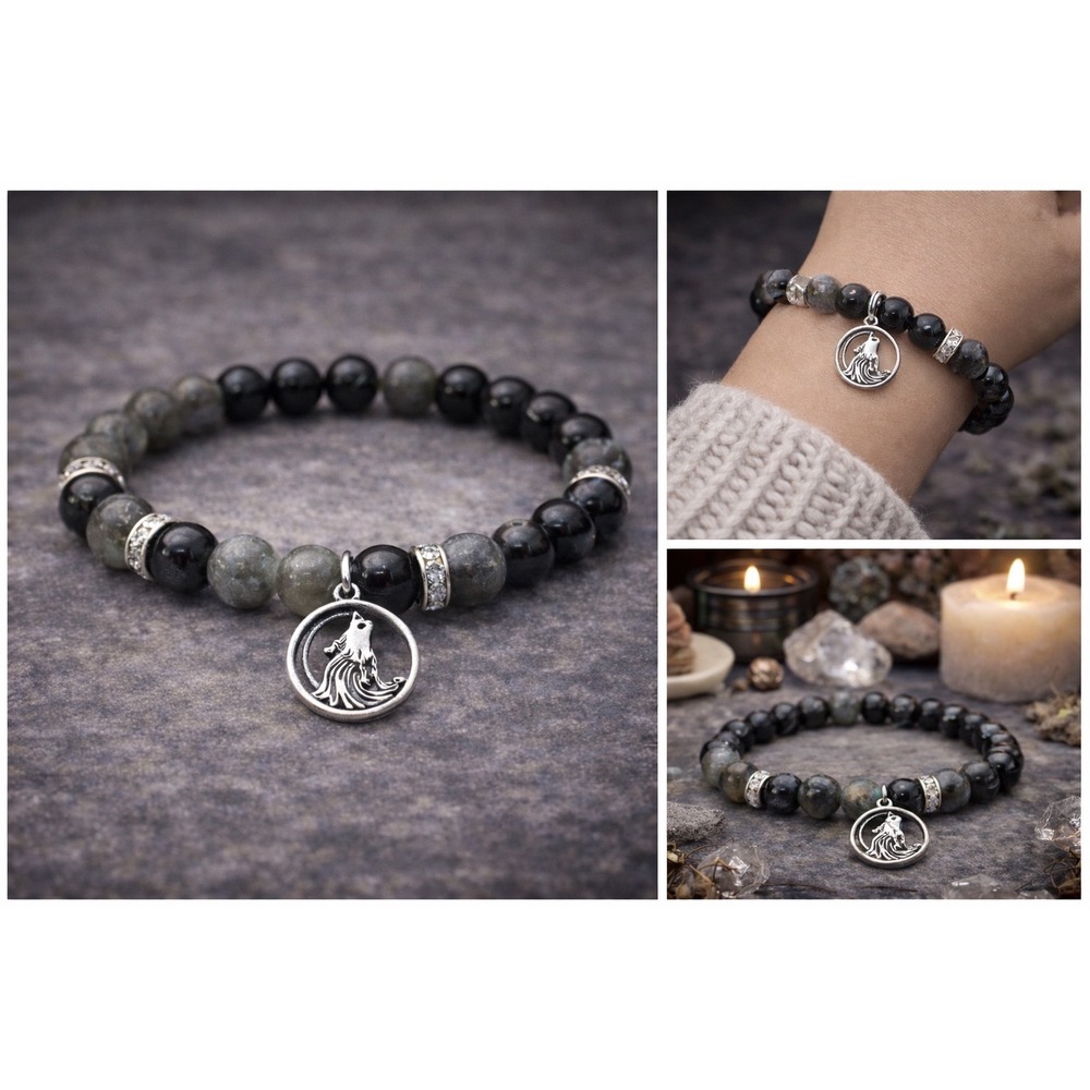Labradorite & Black Tourmaline Bracelet Wolf Charm Witchy‎ Boho Apothecary